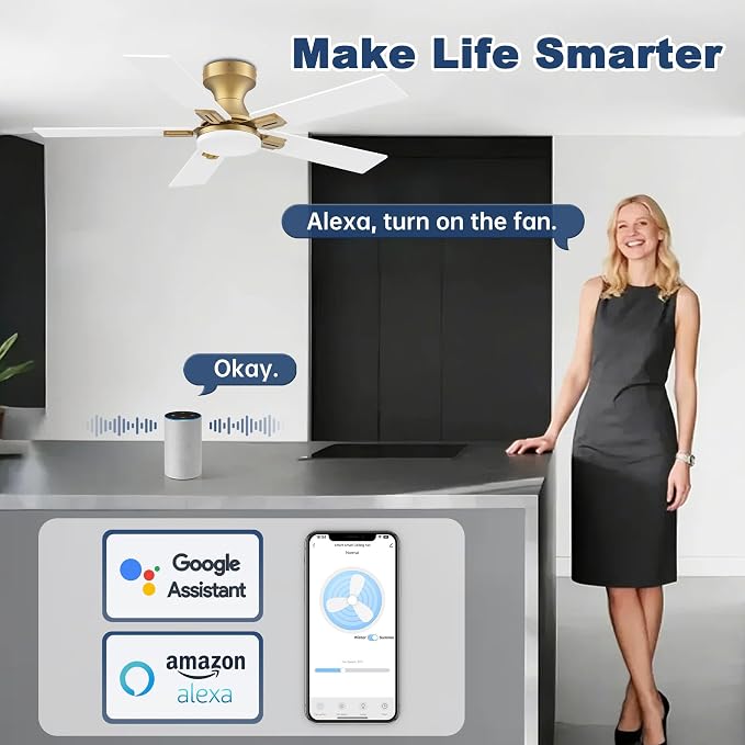 42inch Smart Low Profile Ceiling Fan with Lights Remote,Quite DC Motor,WiFi Voice Control via Alexa,Outdoor Indoor Modern