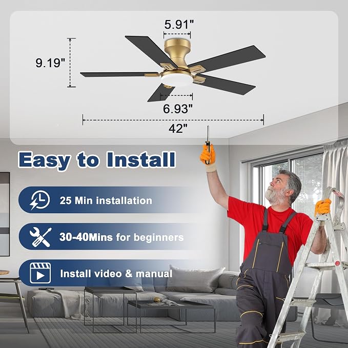 42inch Smart Low Profile Ceiling Fan with Lights Remote,Quite DC Motor,WiFi Voice Control via Alexa,Outdoor Indoor Modern