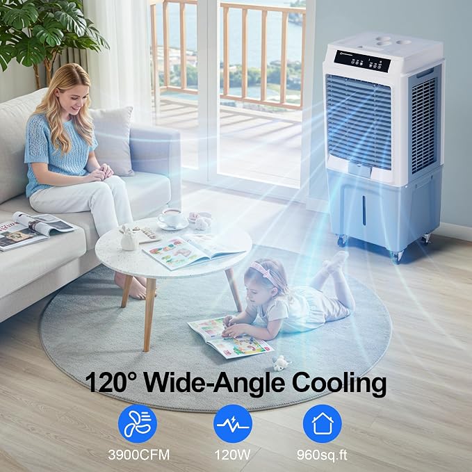 43 Inch Air Cooler for Large Room Garage Patio, Evaporative Air Cooler, 3880CFM Portable Swamp Cooler with Remote 3 Speeds