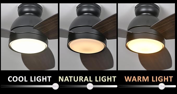 44" Ceiling Fan with Light Flush Mount, DC 10 Speeds Silent Ceiling Fan with Remote, 3 Light Colors Dimmable LED, for Living