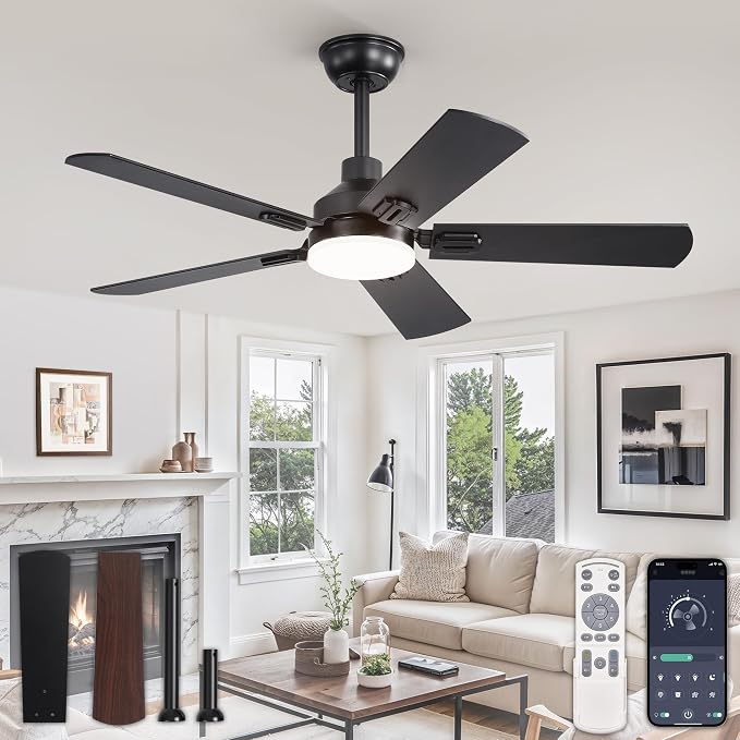 44" Ceiling Fans with Lights, Black Modern Ceiling Fan with Remote, Farmhouse Indoor Ceiling Fan with Dual Finish Blades