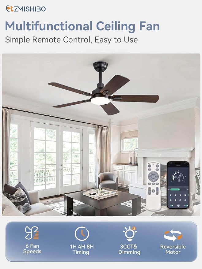 44" Ceiling Fans with Lights, Black Modern Ceiling Fan with Remote, Farmhouse Indoor Ceiling Fan with Dual Finish Blades