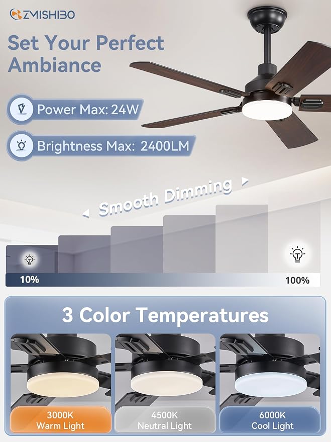 44" Ceiling Fans with Lights, Black Modern Ceiling Fan with Remote, Farmhouse Indoor Ceiling Fan with Dual Finish Blades