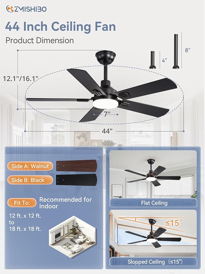 44" Ceiling Fans with Lights, Black Modern Ceiling Fan with Remote, Farmhouse Indoor Ceiling Fan with Dual Finish Blades