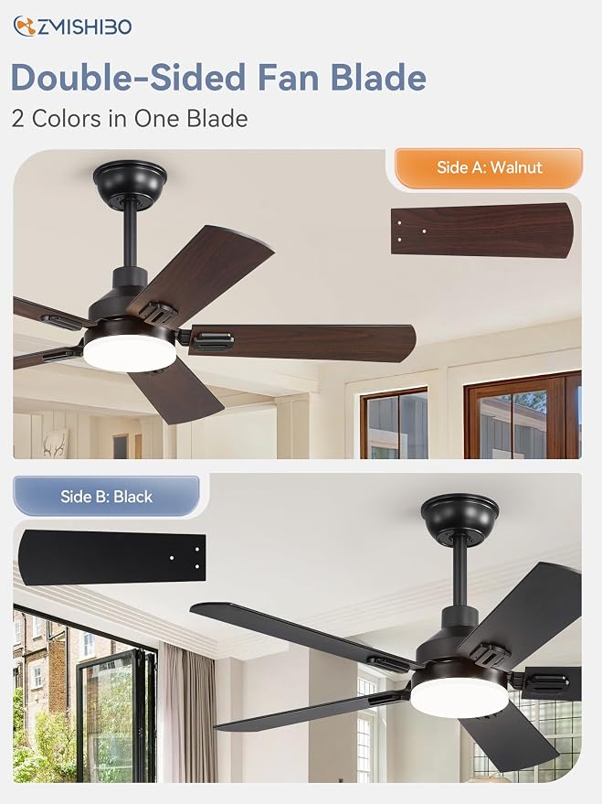 44" Ceiling Fans with Lights, Black Modern Ceiling Fan with Remote, Farmhouse Indoor Ceiling Fan with Dual Finish Blades