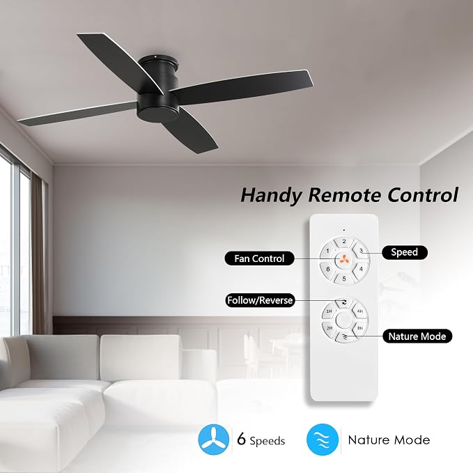 44" Flush Mount DC Ceiling Fan without Lights, 4 Reversible Plywood Blades, Quiet 6-Speed DC Motor, Hugger Low Profile