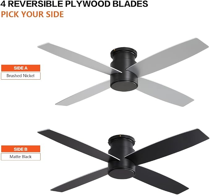 44" Flush Mount DC Ceiling Fan without Lights, 4 Reversible Plywood Blades, Quiet 6-Speed DC Motor, Hugger Low Profile