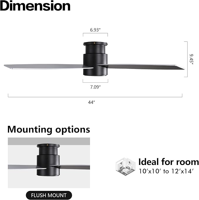 44" Flush Mount DC Ceiling Fan without Lights, 4 Reversible Plywood Blades, Quiet 6-Speed DC Motor, Hugger Low Profile