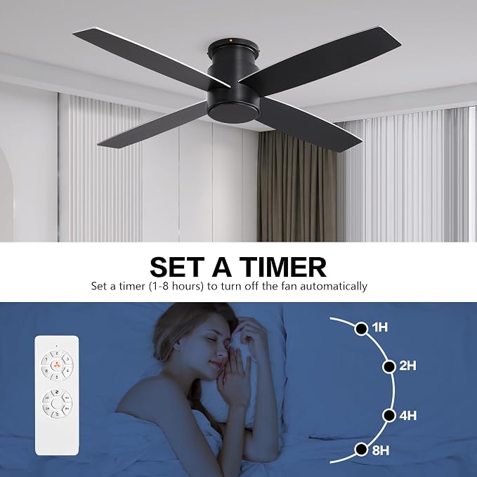 44" Flush Mount DC Ceiling Fan without Lights, 4 Reversible Plywood Blades, Quiet 6-Speed DC Motor, Hugger Low Profile