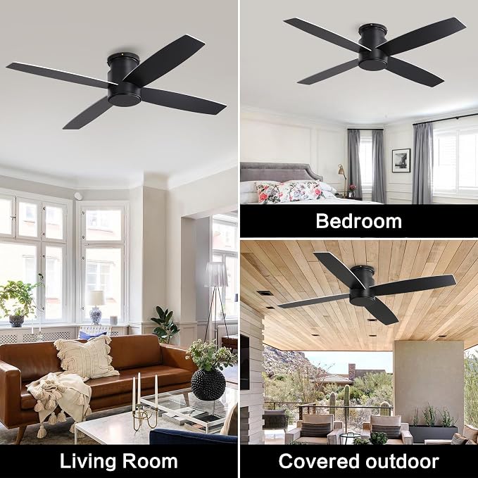 44" Flush Mount DC Ceiling Fan without Lights, 4 Reversible Plywood Blades, Quiet 6-Speed DC Motor, Hugger Low Profile
