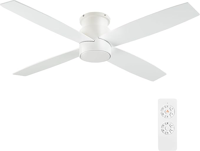 44" Flush Mount DC Ceiling Fan without Lights, 4 Reversible Blades in White/Oak Finish, Ultra Quiet 6-Speed DC Motor, Hugger