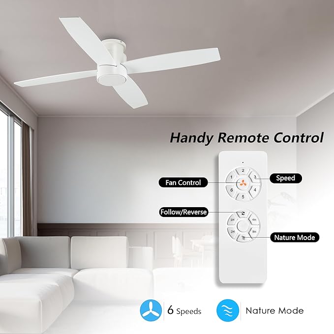 44" Flush Mount DC Ceiling Fan without Lights, 4 Reversible Blades in White/Oak Finish, Ultra Quiet 6-Speed DC Motor, Hugger