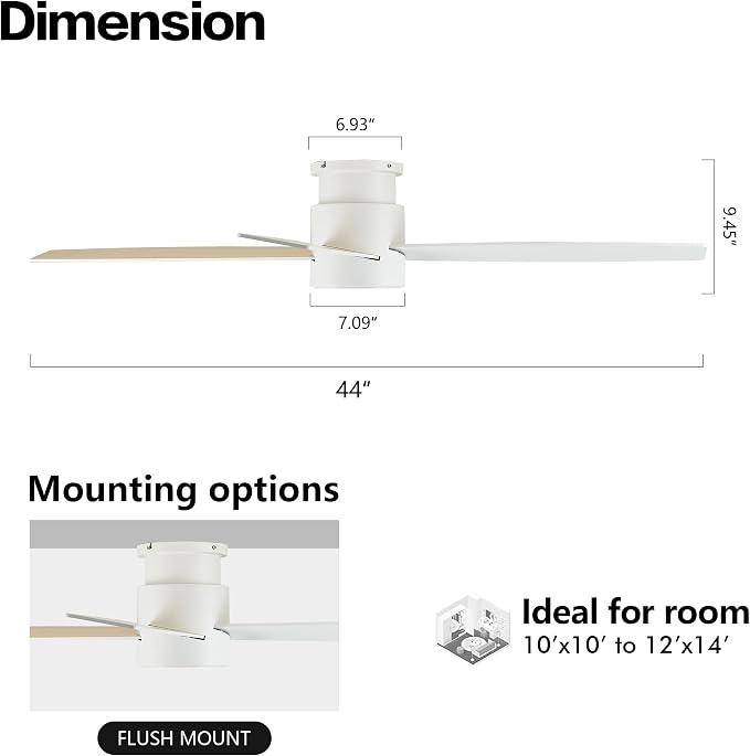 44" Flush Mount DC Ceiling Fan without Lights, 4 Reversible Blades in White/Oak Finish, Ultra Quiet 6-Speed DC Motor, Hugger