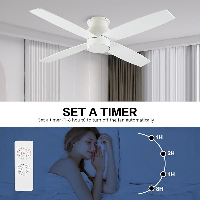 44" Flush Mount DC Ceiling Fan without Lights, 4 Reversible Blades in White/Oak Finish, Ultra Quiet 6-Speed DC Motor, Hugger