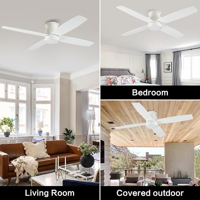 44" Flush Mount DC Ceiling Fan without Lights, 4 Reversible Blades in White/Oak Finish, Ultra Quiet 6-Speed DC Motor, Hugger