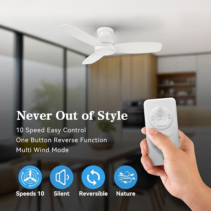 44 Inch Flush Mount Ceiling Fan No Light with Remote Control, 3 Blades Quiet DC Reversible Motor, 10-Speed, alternate view 3
