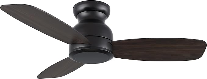 44 Inch Flush Mount Ceiling Fan without Lights, Black Ceiling Fan with Remote Low Profile, 10-Speed Reversible DC Motor, 3