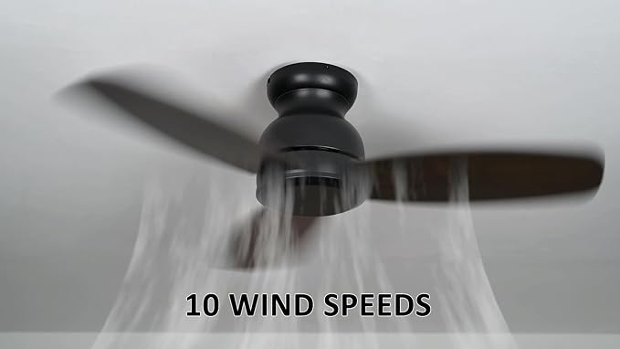 44 Inch Flush Mount Ceiling Fan without Lights, Black Ceiling Fan with Remote Low Profile, 10-Speed Reversible DC Motor, 3