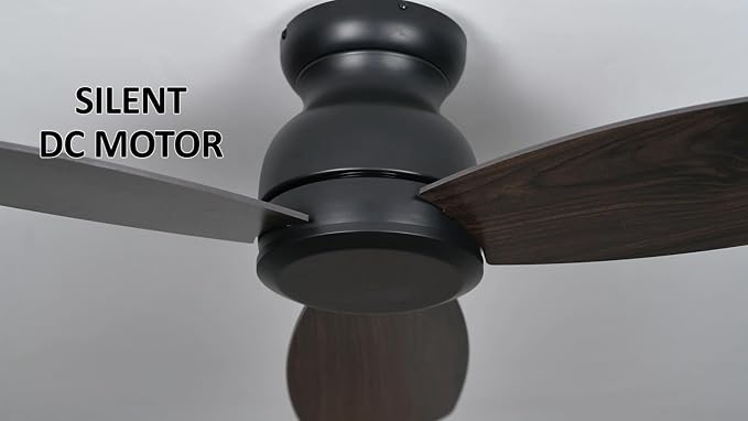 44 Inch Flush Mount Ceiling Fan without Lights, Black Ceiling Fan with Remote Low Profile, 10-Speed Reversible DC Motor, 3