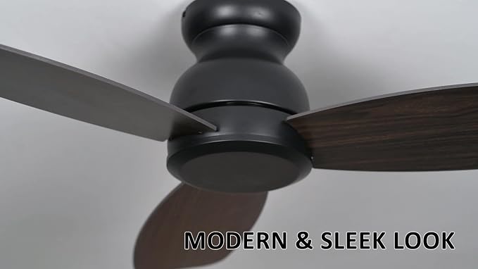 44 Inch Flush Mount Ceiling Fan without Lights, Black Ceiling Fan with Remote Low Profile, 10-Speed Reversible DC Motor, 3