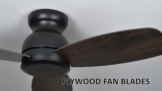 44 Inch Flush Mount Ceiling Fan without Lights, Black Ceiling Fan with Remote Low Profile, 10-Speed Reversible DC Motor, 3
