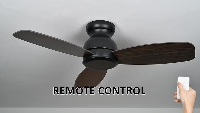 44 Inch Flush Mount Ceiling Fan without Lights, Black Ceiling Fan with Remote Low Profile, 10-Speed Reversible DC Motor, 3