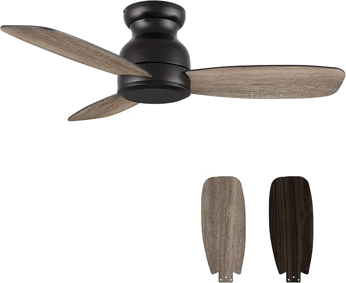 44 Inch Flush Mount Ceiling Fan without Lights, Black Ceiling Fan with Remote Low Profile, 10-Speed Reversible DC Motor, 3