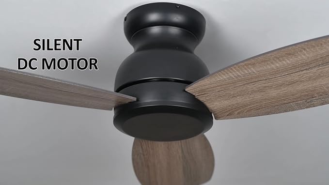 44 Inch Flush Mount Ceiling Fan without Lights, Black Ceiling Fan with Remote Low Profile, 10-Speed Reversible DC Motor, 3