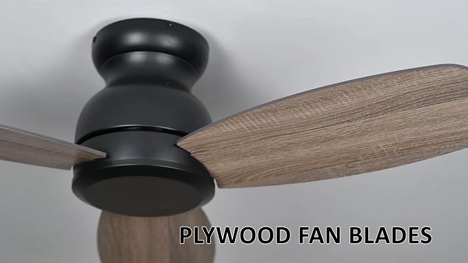 44 Inch Flush Mount Ceiling Fan without Lights, Black Ceiling Fan with Remote Low Profile, 10-Speed Reversible DC Motor, 3