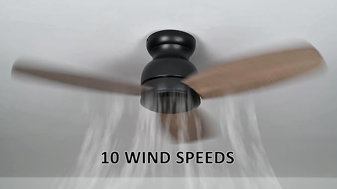 44 Inch Flush Mount Ceiling Fan without Lights, Black Ceiling Fan with Remote Low Profile, 10-Speed Reversible DC Motor, 3