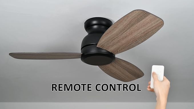 44 Inch Flush Mount Ceiling Fan without Lights, Black Ceiling Fan with Remote Low Profile, 10-Speed Reversible DC Motor, 3