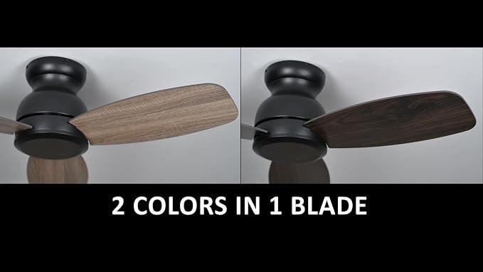 44 Inch Flush Mount Ceiling Fan without Lights, Black Ceiling Fan with Remote Low Profile, 10-Speed Reversible DC Motor, 3