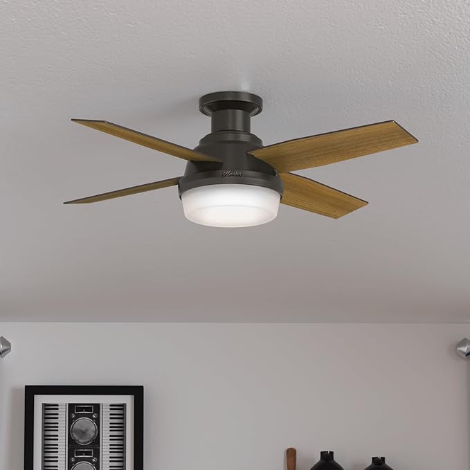44 inch Indoor Ceiling Fan with LED Light and Remote Control - Bronze Modern Ceiling Fan, Low Profile Mount, 4 Blades, For