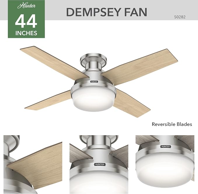 44 inch Indoor Ceiling Fan with LED Light and Remote Control - Modern Ceiling Fan, Low Profile Mount, 4 Blades, For Bedroom
