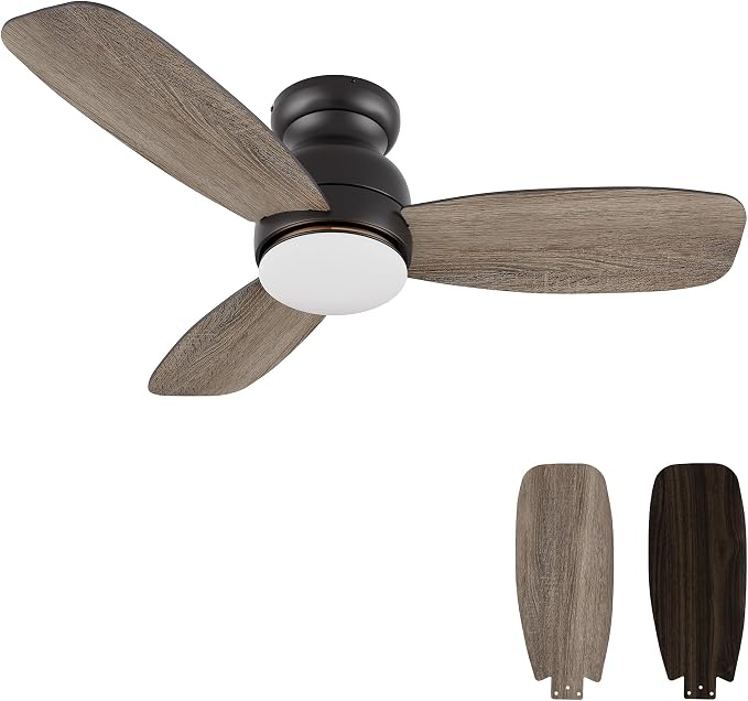 44 Inches Black Ceiling Fan with Light Flush Mount, DC 10 Speeds Silent Ceiling Fan with Remote, 3 Dual Finish Blades, 2