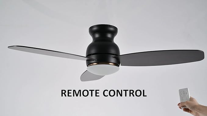 44 Inches Black Ceiling Fan with Light Flush Mount, DC 10 Speeds Silent Ceiling Fan with Remote, 3 Dual Finish Blades, 2