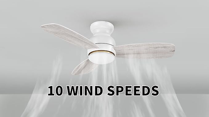 44 Inches White Ceiling Fan with Light Flush Mount, DC 10 Speeds Silent Ceiling Fan with Remote, 3 Dual Finish Blades, 3