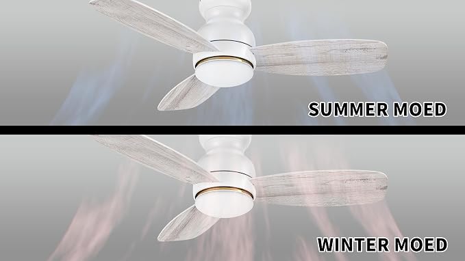 44 Inches White Ceiling Fan with Light Flush Mount, DC 10 Speeds Silent Ceiling Fan with Remote, 3 Dual Finish Blades, 3