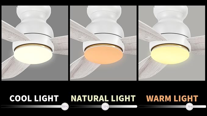 44 Inches White Ceiling Fan with Light Flush Mount, DC 10 Speeds Silent Ceiling Fan with Remote, 3 Dual Finish Blades, 3