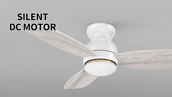 44 Inches White Ceiling Fan with Light Flush Mount, DC 10 Speeds Silent Ceiling Fan with Remote, 3 Dual Finish Blades, 3