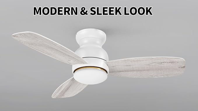 44 Inches White Ceiling Fan with Light Flush Mount, DC 10 Speeds Silent Ceiling Fan with Remote, 3 Dual Finish Blades, 3