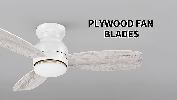 44 Inches White Ceiling Fan with Light Flush Mount, DC 10 Speeds Silent Ceiling Fan with Remote, 3 Dual Finish Blades, 3