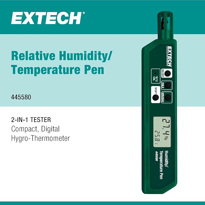 445580 Humidity and Temperature Pen with Fast Response Sensor, Min/Max Memory, Dual LCD, Pocket-Sized Hygrometer for HVAC