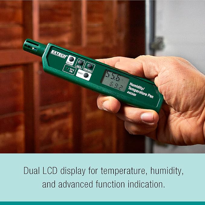 445580 Humidity and Temperature Pen with Fast Response Sensor, Min/Max Memory, Dual LCD, Pocket-Sized Hygrometer for HVAC