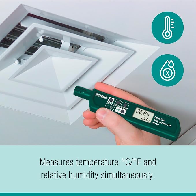 445580 Humidity and Temperature Pen with Fast Response Sensor, Min/Max Memory, Dual LCD, Pocket-Sized Hygrometer for HVAC