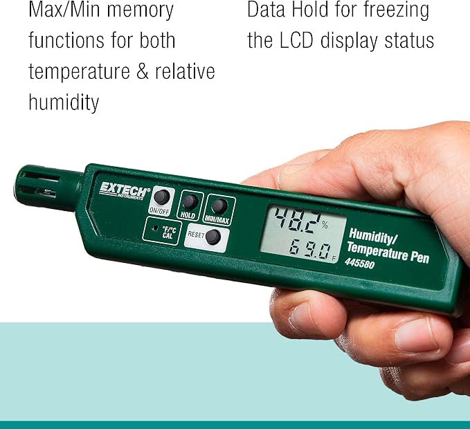 445580 Humidity and Temperature Pen with Fast Response Sensor, Min/Max Memory, Dual LCD, Pocket-Sized Hygrometer for HVAC