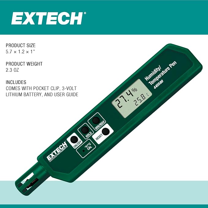 445580 Humidity and Temperature Pen with Fast Response Sensor, Min/Max Memory, Dual LCD, Pocket-Sized Hygrometer for HVAC