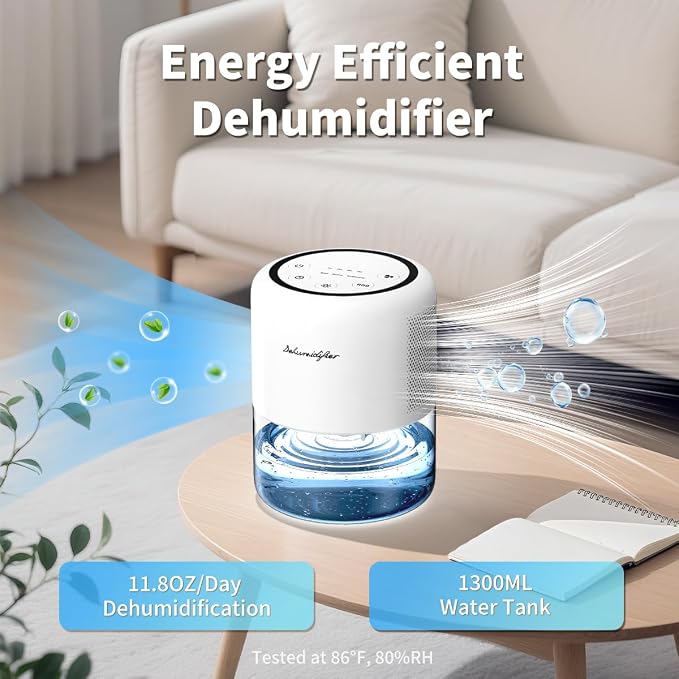 44oz(1.3L) Small Dehumidifier for Home Auto-Off Quiet Portable Dehumidifier with 3 Modes 10 Color Lights 4 Timer Settings for