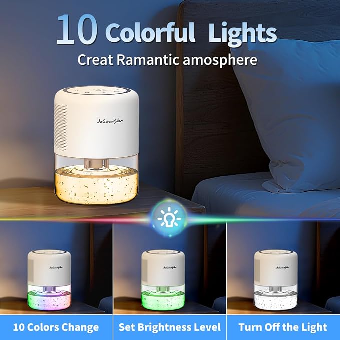 44oz(1.3L) Small Dehumidifier for Home Auto-Off Quiet Portable Dehumidifier with 3 Modes 10 Color Lights 4 Timer Settings for
