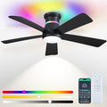 46" Black Ceiling Fans with RGB Lights - Flush Mount Ceiling Fan Light with LED 3CCT Dimmable, Modern Low Profile Ceiling